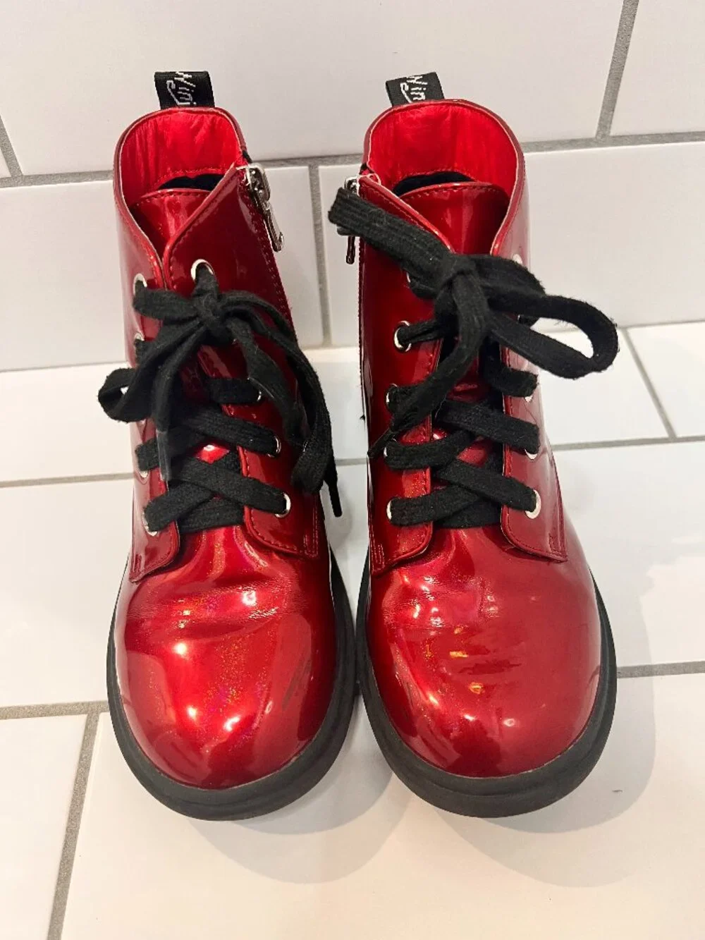 Kids Red Shiny Patent Lace-Up Ankle Boots Pandaninjia Side Zip Shoes Size 2